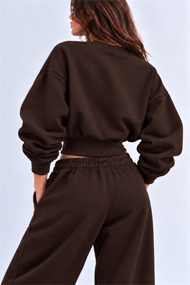 KAHVERENGİ 3 Iplik İçi Şardonlu Kuşaklı Crop Sweatshirt