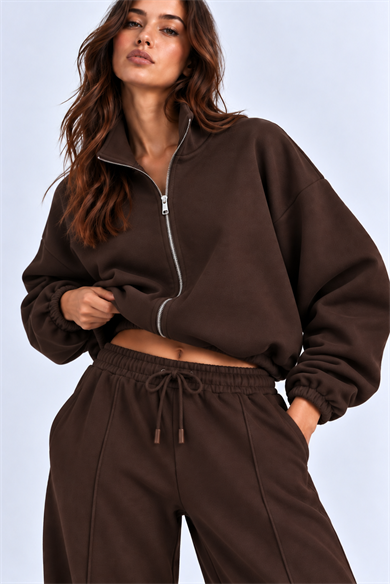KAHVERENGİ 3 Iplik Içi Şardonlu Dik Yaka Demir Fermuarlı Oversize Sweatshirt