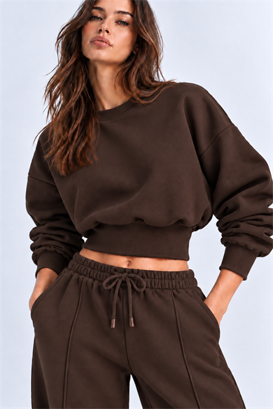 KAHVERENGİ 3 Iplik İçi Şardonlu Kuşaklı Crop Sweatshirt