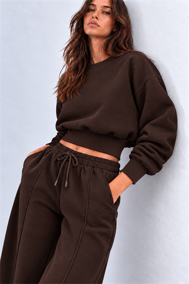 KAHVERENGİ 3 Iplik İçi Şardonlu Kuşaklı Crop Sweatshirt