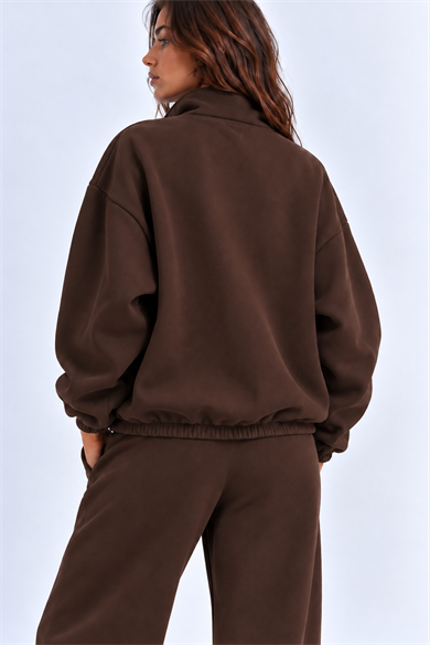 KAHVERENGİ 3 Iplik Içi Şardonlu Dik Yaka Demir Fermuarlı Oversize Sweatshirt