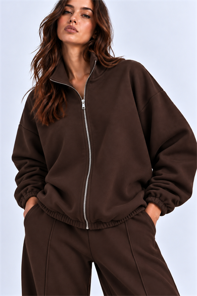 KAHVERENGİ 3 Iplik Içi Şardonlu Dik Yaka Demir Fermuarlı Oversize Sweatshirt