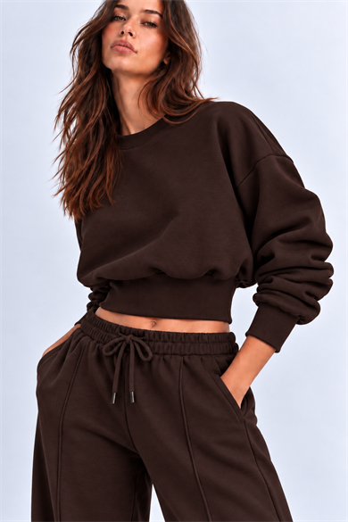 KAHVERENGİ 3 Iplik İçi Şardonlu Kuşaklı Crop Sweatshirt