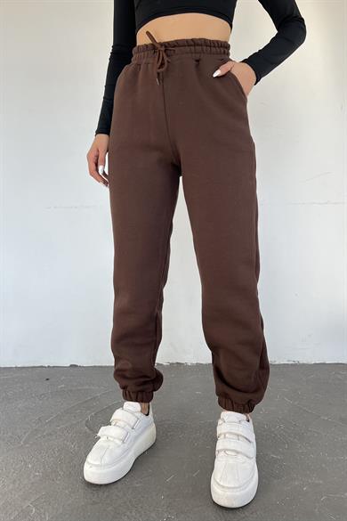 Kahverengi 3 İplik Polarlı Jogger Eşofman