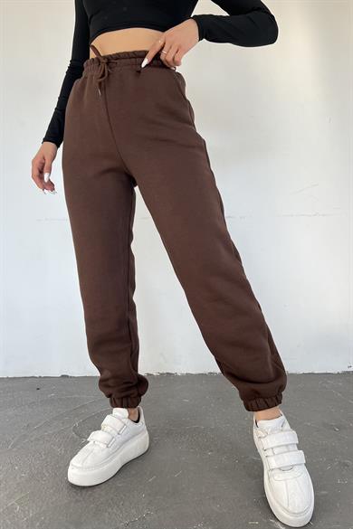 Kahverengi 3 İplik Polarlı Jogger Eşofman
