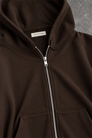 Kahverengi Modal Oys Kumaş Demir Fermuarlı Kapüşonlu Cepli Oversize Sweatshirt