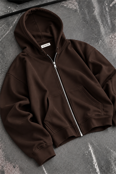 Kahverengi Modal Oys Kumaş Demir Fermuarlı Kapüşonlu Cepli Oversize Sweatshirt