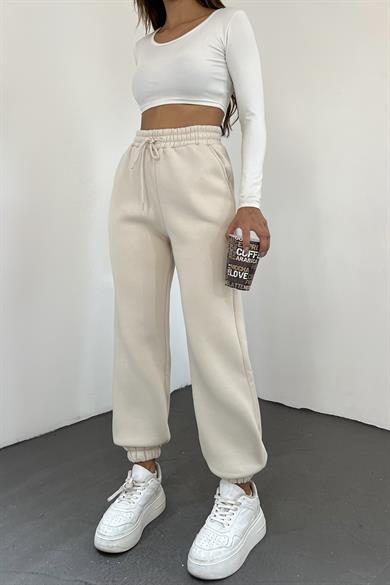 Krem 3 İplik Polarlı Jogger Eşofman