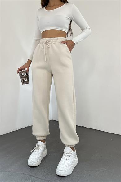 Krem 3 İplik Polarlı Jogger Eşofman