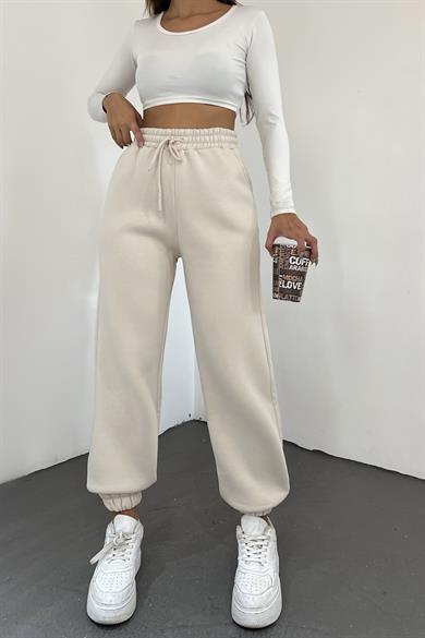 Krem 3 İplik Polarlı Jogger Eşofman