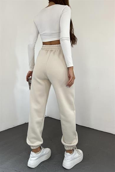 Krem 3 İplik Polarlı Jogger Eşofman