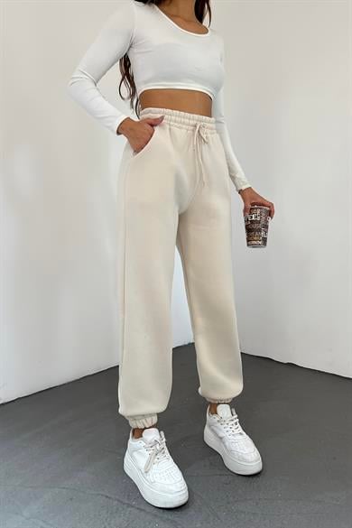 Krem 3 İplik Polarlı Jogger Eşofman