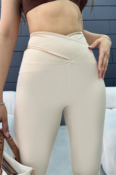 Krem Çapraz Kemer Transparan Tayt