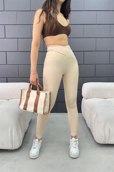 Krem Çapraz Kemer Transparan Tayt