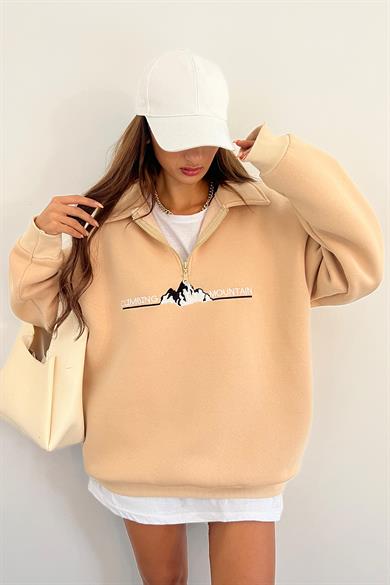 Krem Climbing Mountain Baskılı Fermuarlı Polo Yaka 3 İplik Şardonlu Sweat