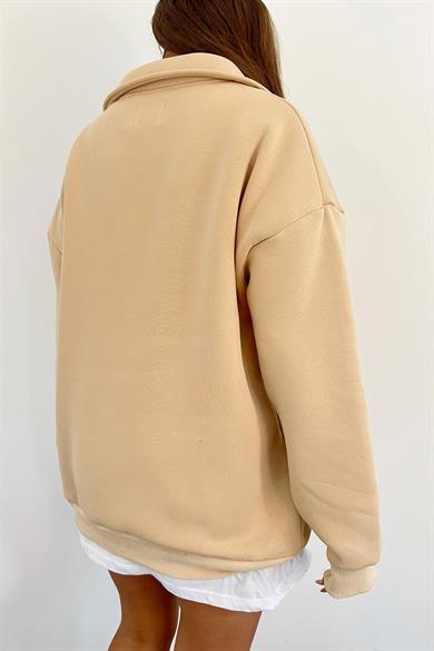 Krem Climbing Mountain Baskılı Fermuarlı Polo Yaka 3 İplik Şardonlu Sweat