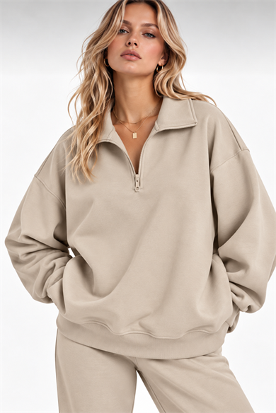 Krem Fermuarlı Polo Yaka 3 İplik Şardonlu Sweat