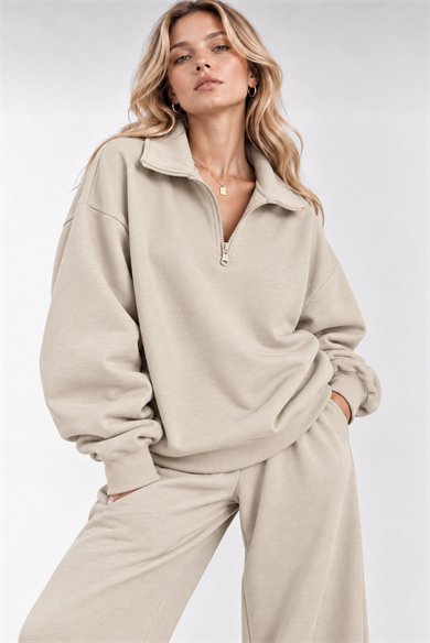 Krem Fermuarlı Polo Yaka 3 İplik Şardonlu Sweat