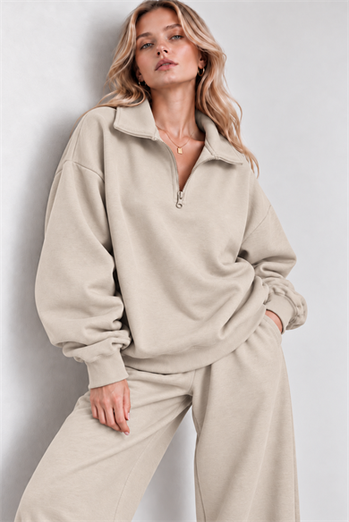 Krem Fermuarlı Polo Yaka 3 İplik Şardonlu Sweat