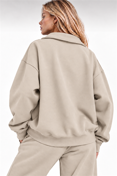 Krem Fermuarlı Polo Yaka 3 İplik Şardonlu Sweat
