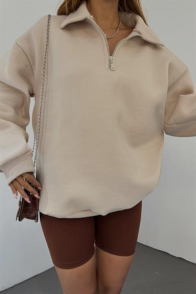 Krem Fermuarlı Polo Yaka 3 İplik Şardonlu Sweat
