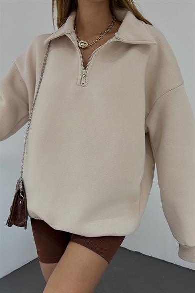 Krem Fermuarlı Polo Yaka 3 İplik Şardonlu Sweat