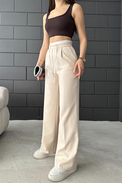 Krem İpli Beyaz Garnili Kumaş Pantolon