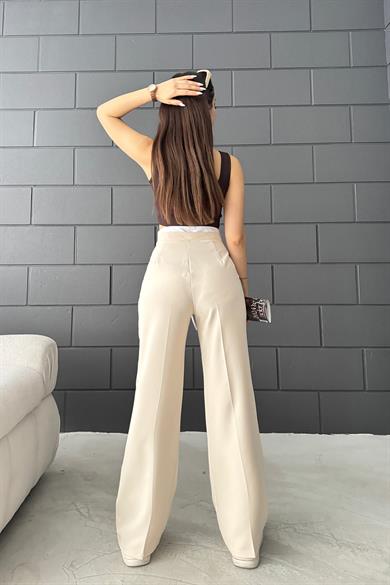 Krem İpli Beyaz Garnili Kumaş Pantolon