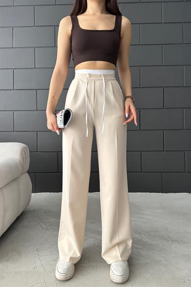 Krem İpli Beyaz Garnili Kumaş Pantolon