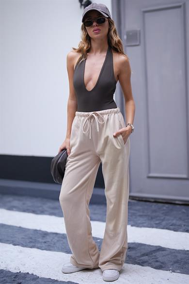 Krem Kışlık Likralı Pamuklu Yüksek Bel Bol Paça Palazzo Kumaş Eşofman Altı