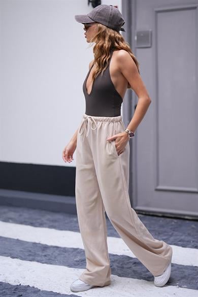 Krem Kışlık Likralı Pamuklu Yüksek Bel Bol Paça Palazzo Kumaş Eşofman Altı