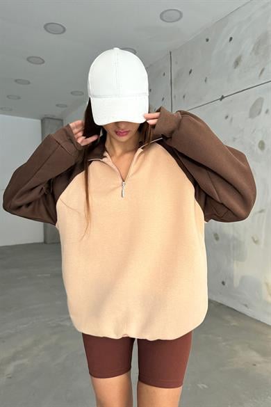 Krem Kolları Kahve Fermuarlı Polo Yaka Sweat