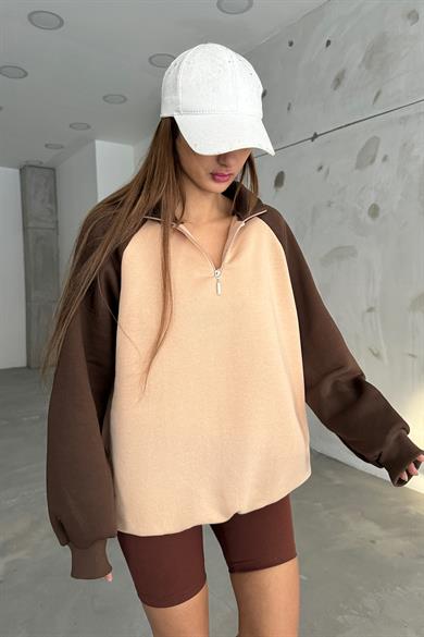 Krem Kolları Kahve Fermuarlı Polo Yaka Sweat