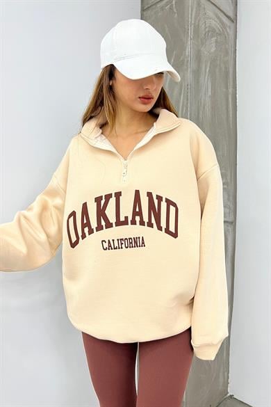 Krem Oakland Baskılı Fermuarlı Sweat