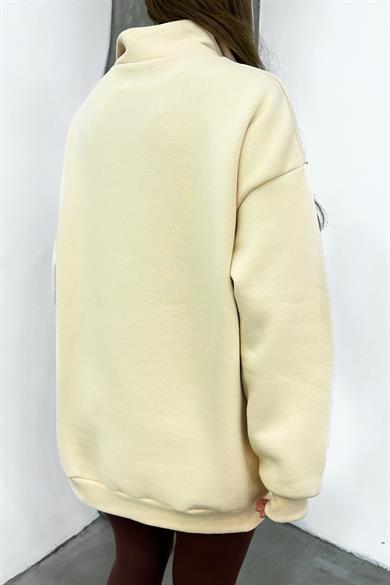 Krem Oakland Baskılı Fermuarlı Sweat