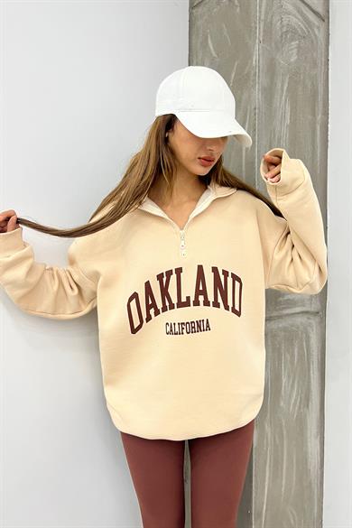 Krem Oakland Baskılı Fermuarlı Sweat