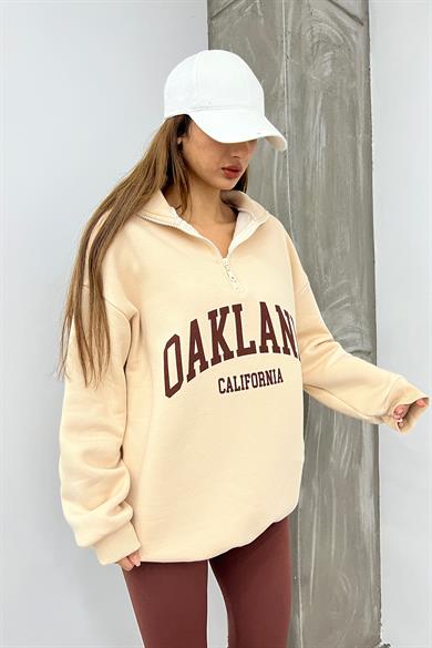 Krem Oakland Baskılı Fermuarlı Sweat