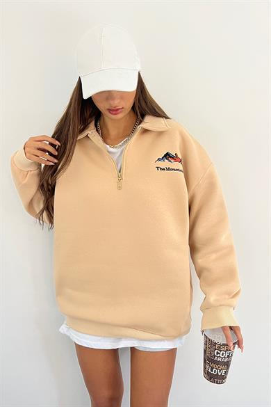 Krem The Montein Park Baskılı Fermuarlı Polo Yaka 3 İplik Şardonlu Sweat