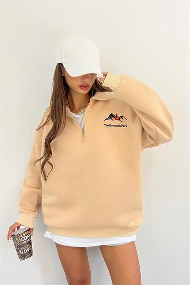 Krem The Montein Park Baskılı Fermuarlı Polo Yaka 3 İplik Şardonlu Sweat
