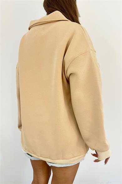 Krem The Montein Park Baskılı Fermuarlı Polo Yaka 3 İplik Şardonlu Sweat