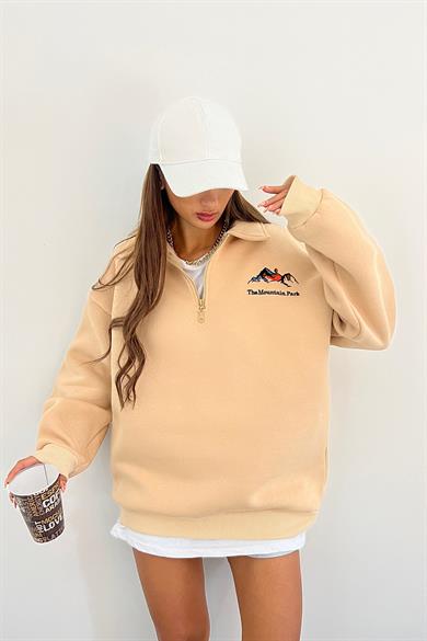 Krem The Montein Park Baskılı Fermuarlı Polo Yaka 3 İplik Şardonlu Sweat