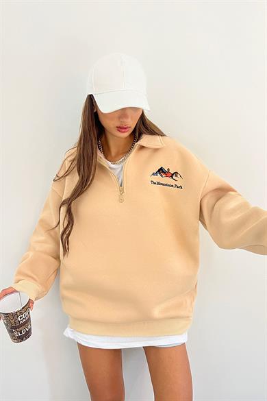 Krem The Montein Park Baskılı Fermuarlı Polo Yaka 3 İplik Şardonlu Sweat