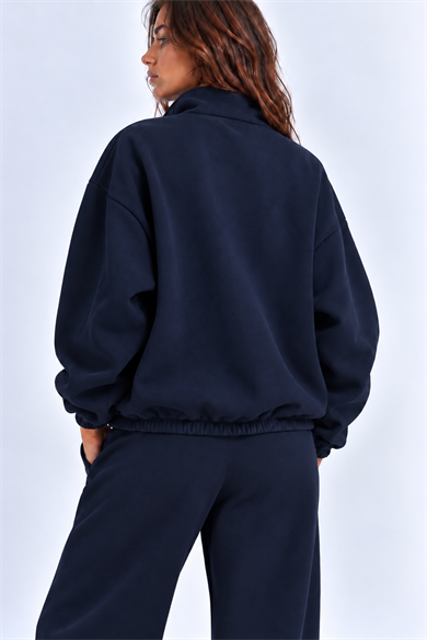 Lacivert 3 Iplik Içi Şardonlu Dik Yaka Demir Fermuarlı Oversize Sweatshirt