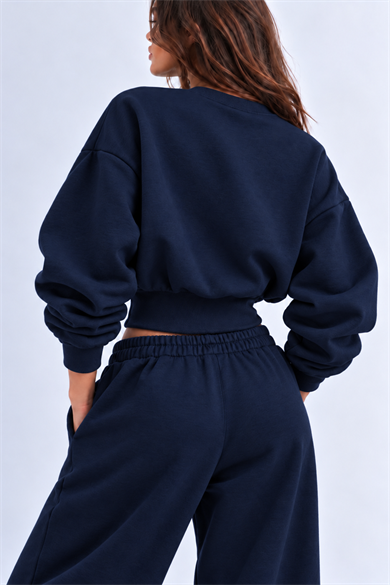 Lacivert 3 Iplik İçi Şardonlu Kuşaklı Crop Sweatshirt