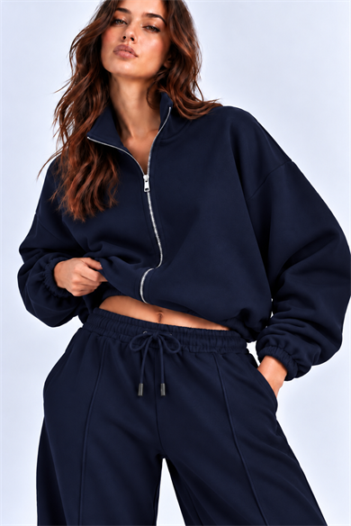 Lacivert 3 Iplik Içi Şardonlu Dik Yaka Demir Fermuarlı Oversize Sweatshirt