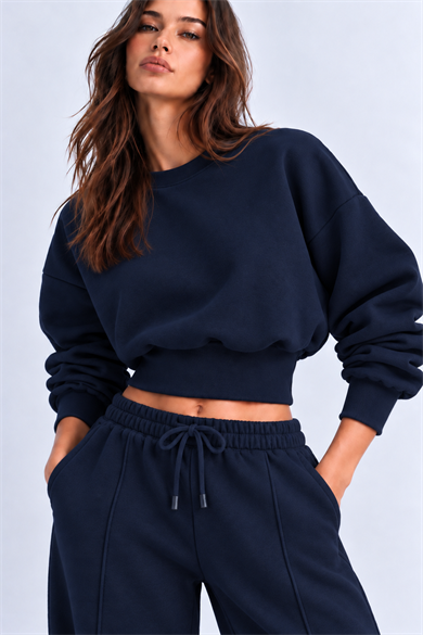 Lacivert 3 Iplik İçi Şardonlu Kuşaklı Crop Sweatshirt
