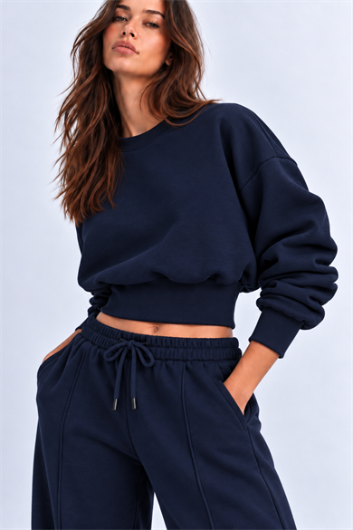 Lacivert 3 Iplik İçi Şardonlu Kuşaklı Crop Sweatshirt