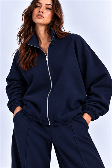 Lacivert 3 Iplik Içi Şardonlu Dik Yaka Demir Fermuarlı Oversize Sweatshirt