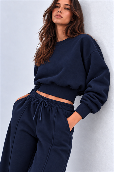 Lacivert 3 Iplik İçi Şardonlu Kuşaklı Crop Sweatshirt