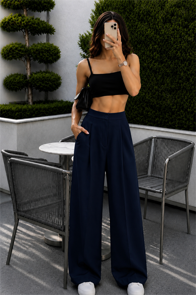 Lacivert Beli Lastikli Pantolon Oversize Orjinal Kesim
